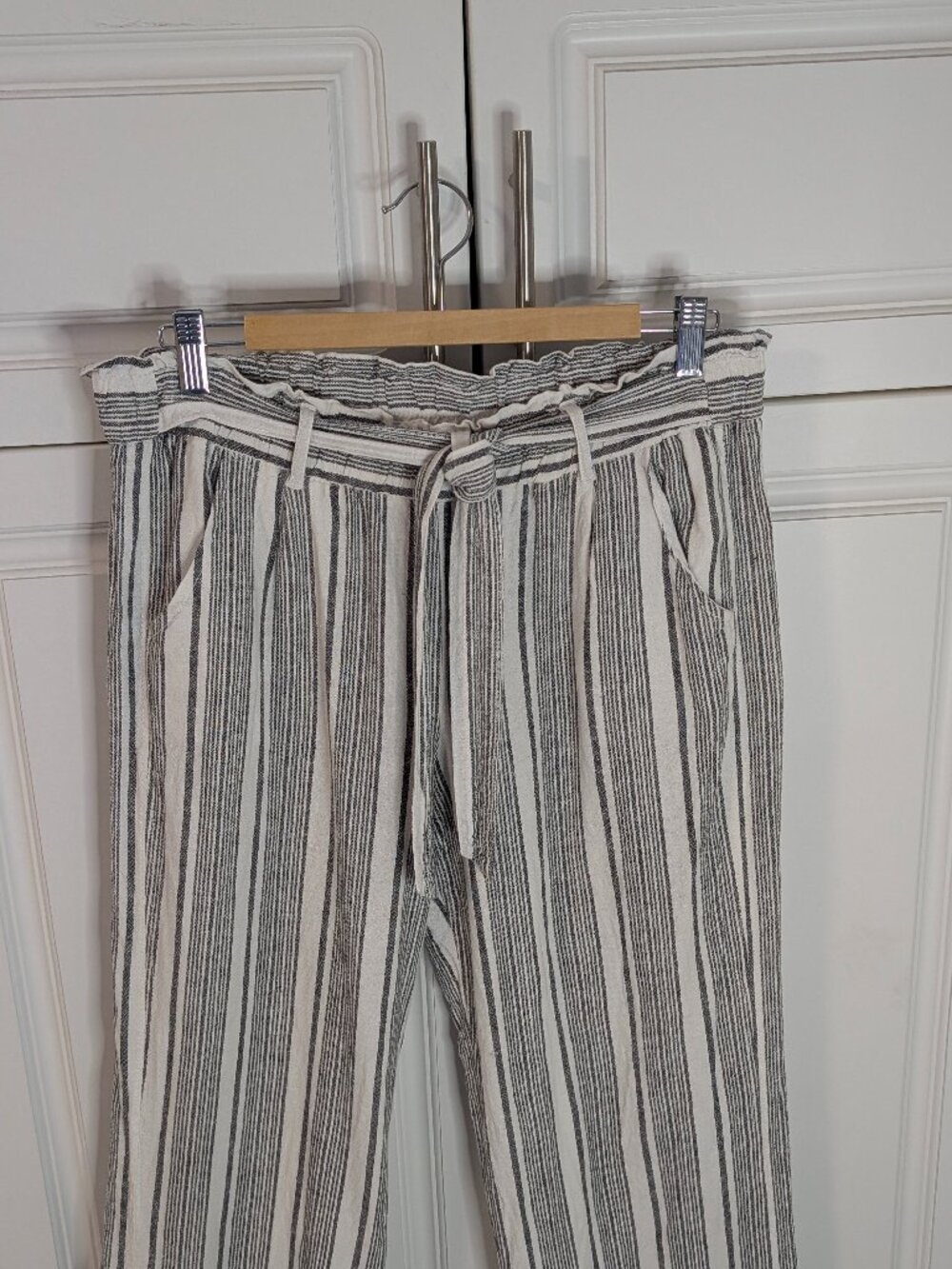 Striped White & Gray Linen Blend Wide Leg Pants L Coastal Resort Minimalist EUC - Picture 4 of 13